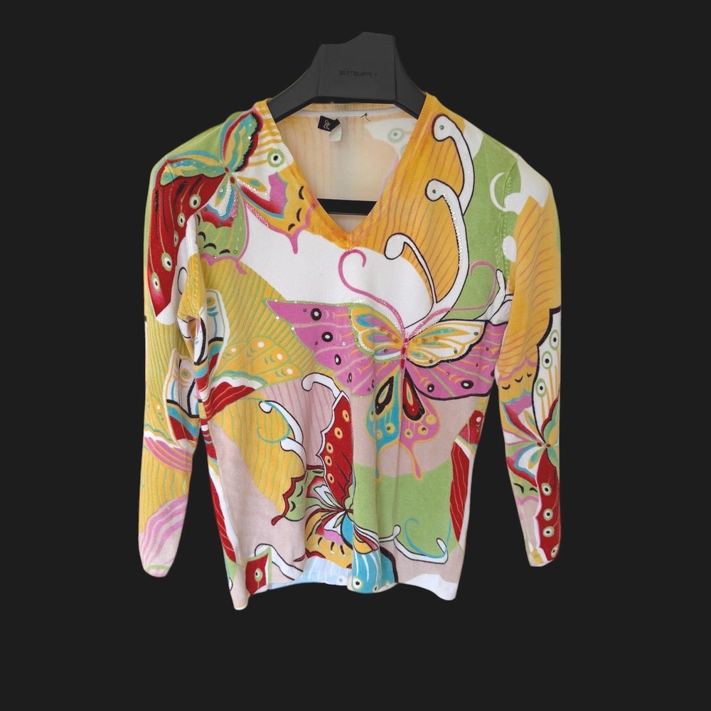 Elizabeth New York Butterfly Sequin V-Neck Sweater Yellow Multi Color Size S
